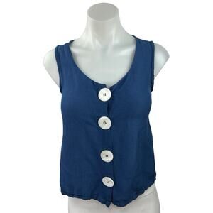 MNG Mango Blue Linen Blend Scoop Neck Button Sleeveless Tank Vest Top Size XS